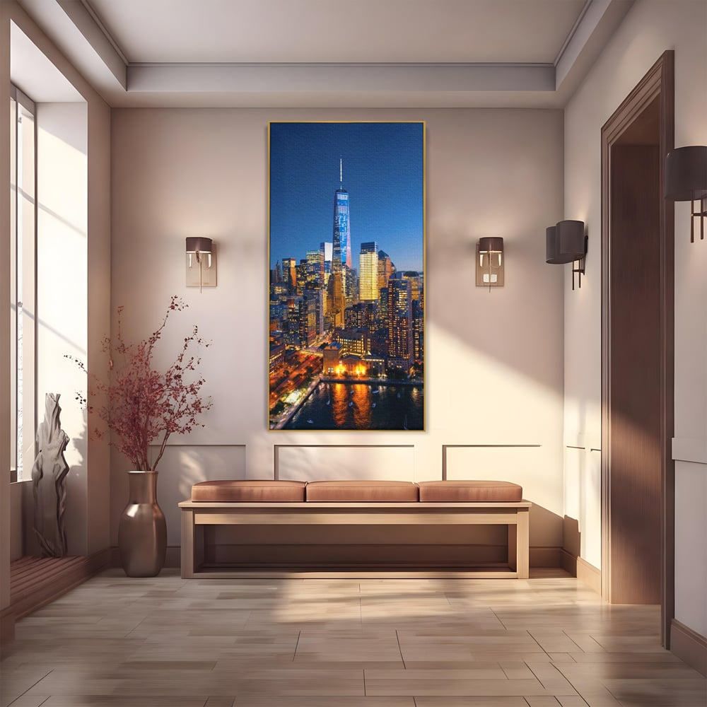 Tablou canvas cu panoramic nocturn cu zghiet-nori din new york, in rama de aluminiu auriu
